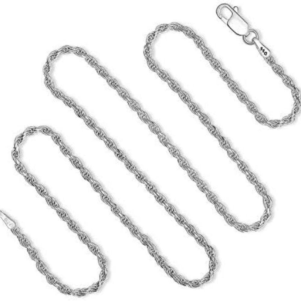 DSS 925 Sterling Silver Necklace for Women, Rope Chain 2mm, Lobster Claw Clasps,